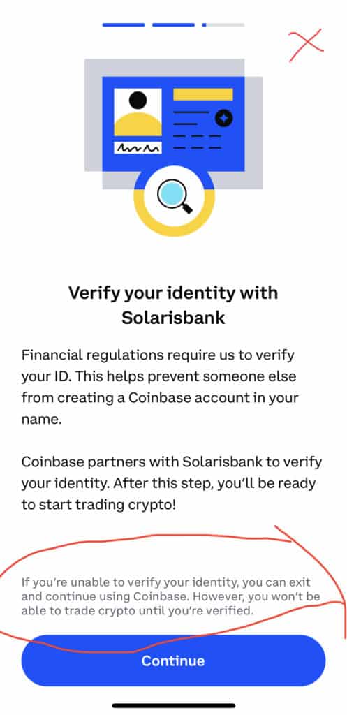 Annotated 2022 Coinbase verification screenshot with the exit wording circled