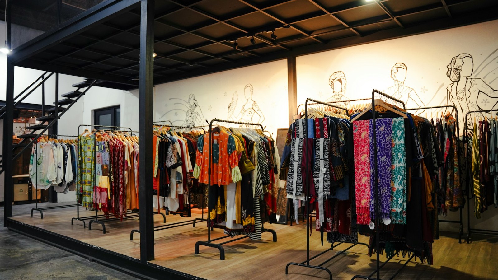 Colorful garments on clothing racks representing values-led wardrobe choices during personal change