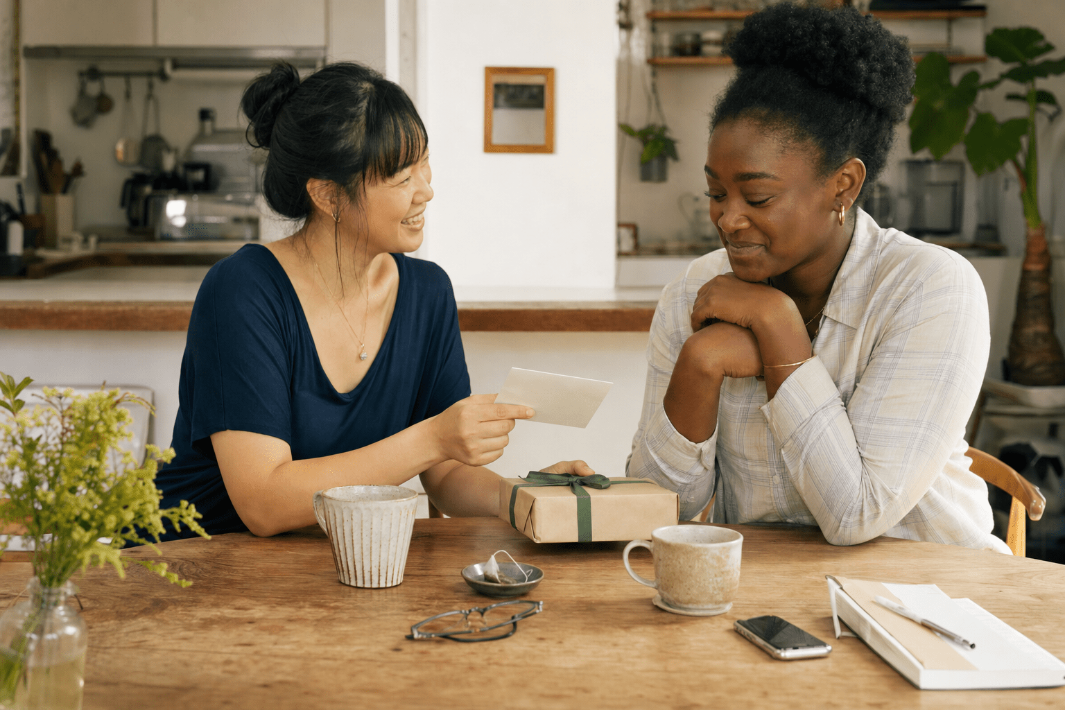 How to Practise Spirituality When You Are Still Angry Two friends discuss a handwritten note over tea in an ordinary home setting