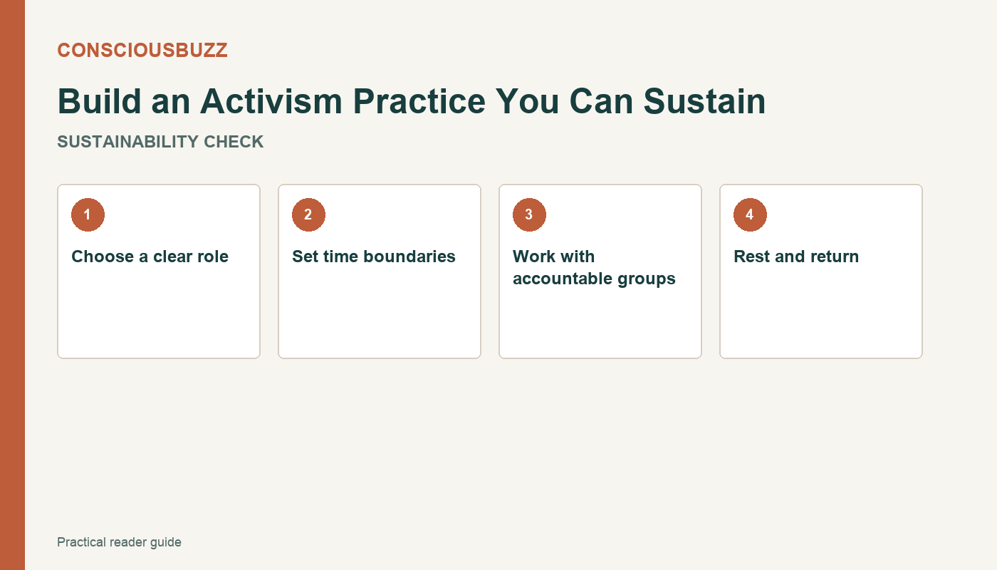 Spiritual Activism: Meaning, Examples and Accountable Action spiritual activism A ConsciousBuzz framework for sustainable activism using boundaries, community, reflection, and repeatable action